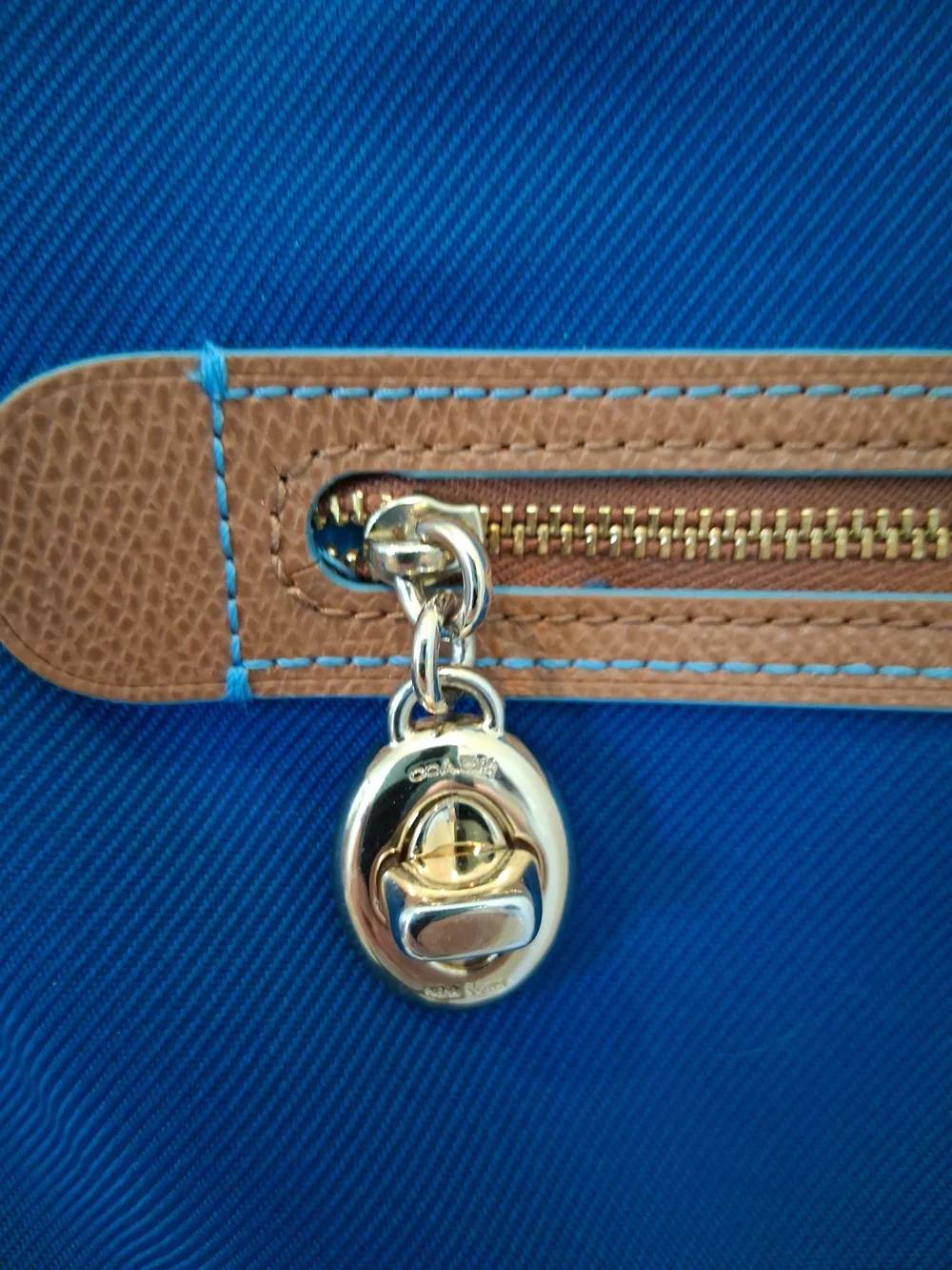 Coach Blue Nylon Crossbody with Brown Trim and Gold Hardware